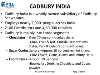 CADBURY INDIA
• Cadbury India is a wholly owned subsidiary of Cadbury
Schweppes .
• Employs nearly 2,000 people across India.
• 2100 Distributors and 4,50,000 retailers.
• Cadbury is mainly into three segments
– Chocolates - Over 70 per cent market share.
- CDM, Fruit & Nut, Crackle, Temptations,
5 Star, Perk & Celebrations Gift boxes.
– Sugar Confectionery –Approx 10 percent market share.
- CDM Eclairs, Gems, Gums and minty Halls.
– Food Drinks –Around 19 per cent
-Bournvita , Drinking Chocolate and Cocoa
powder.
Era Business School

Ajay K Raina

 