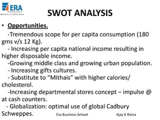 SWOT ANALYSIS
• Opportunities.
-Tremendous scope for per capita consumption (180
gms v/s 12 Kg).
- Increasing per capita national income resulting in
higher disposable income.
-Growing middle class and growing urban population.
- Increasing gifts cultures.
- Substitute to “Mithais” with higher calories/
cholesterol.
-Increasing departmental stores concept – impulse @
at cash counters.
- Globalization: optimal use of global Cadbury
Schweppes.
Era Business School
Ajay K Raina

 