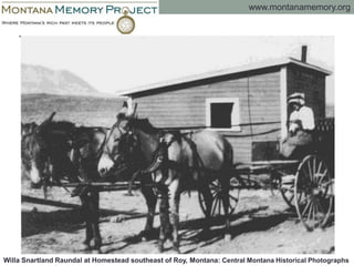 Willa Snartland Raundal at Homestead southeast of Roy, Montana: Central Montana Historical Photographs
www.montanamemory.org
 