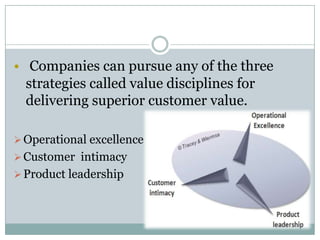 • Companies can pursue any of the three
  strategies called value disciplines for
  delivering superior customer value.

 Operational excellence
 Customer intimacy
 Product leadership
 