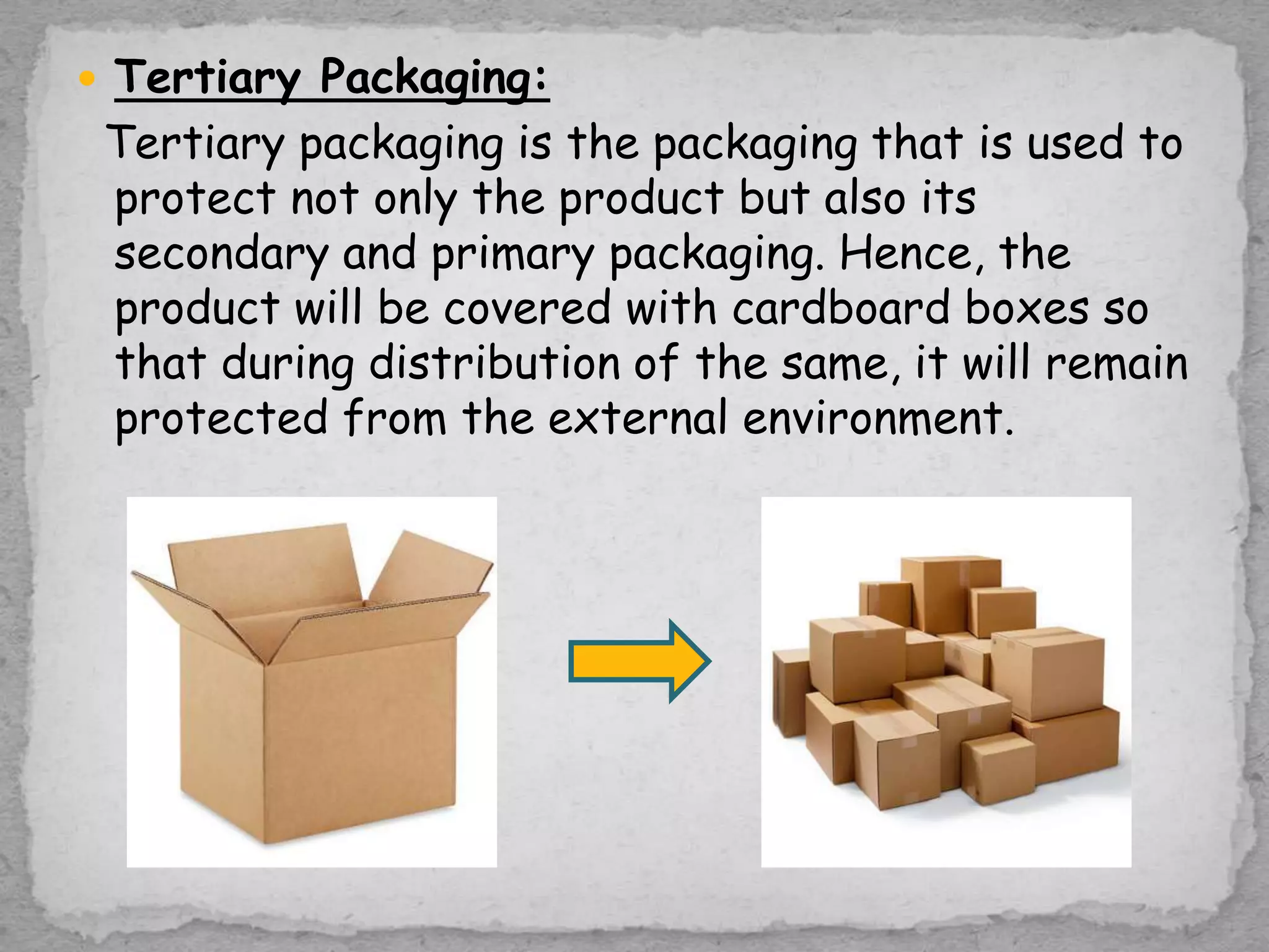  Tertiary Packaging:
Tertiary packaging is the packaging that is used to
protect not only the product but also its
secondary and primary packaging. Hence, the
product will be covered with cardboard boxes so
that during distribution of the same, it will remain
protected from the external environment.
 