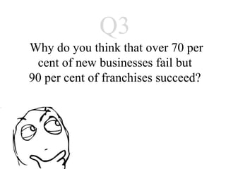 Q3
Why do you think that over 70 per
  cent of new businesses fail but
90 per cent of franchises succeed?
 