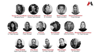 Nick Mitsis
Sr. Consultant
Margarita Maximovskaya
Sr. Project Manager
Sybylla Wales
Director, Europe
Mike Vlieghe
Art Director
Natalia Romuzga
Sr. Project Manager
Kelly Lataire
Office Administrator
Kiva Dykstra
Project Manager
Aidan McNally
Digital Project Manager
Taunya Renson-Martin
Managing Partner
Cameron Heffernan
Director, North America
Keir Bonine
Sr. Consultant
Simon Chopier
Digital Consultant
Nadia Del Rio
Sr. Project Manager
Kim Bratanata
Consultant
Astrid Benoit
Project Assistant
 