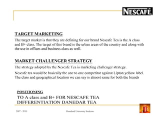 TARGET MARKETING
The target market is that they are defining for our brand Nescafe Tea is the A class
and B+ class. The target of this brand is the urban areas of the country and along with
the use in offices and business class as well.
MARKET CHALLENGER STRATEGYMARKET CHALLENGER STRATEGY
The strategy adopted by the Nescafe Tea is marketing challenger strategy.
Nescafe tea would be basically the one to one competitor against Lipton yellow label.
The class and geographical location we can say is almost same for both the brands
POSITIONING
TO A class and B+ FOR NESCAFE TEA
DIFFERENTIATION DANEDAR TEA
2007 - 2010 13Hamdard University Students
 