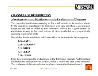 CHANNELS OF DISTRIBUTION
Manufacturer ------◊◊◊◊ Distributor---------◊◊◊◊ Retailer --------◊◊◊◊Consumer
The channel of distributions according to this brand Nescafe tea is simply as shown
by the diagram as manufacturer to distributors who vary according to geographical
dispersion and then to retailer to final consumer. Nescafe has a great channel of
distribution not only to this brand but also all other brands that vary geographically
according to consumer needs.
Nescafe has 5 main warehouses in Pakistan which are located in the following cities.Nescafe has 5 main warehouses in Pakistan which are located in the following cities.
1. KARACHI
2. HYDERABAD
3. SUKHUR
4. MULTAN
5. RAIWIND
From these warehouses the product move to the distributors channels. And from these
distributors the product move to the next, which is retailer and then to the consumer.
This is also one of their strengths that they have a strong distribution channels.
2007 - 2010 16Hamdard University Students
 