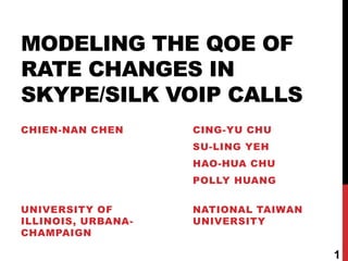 MODELING THE QOE OF
RATE CHANGES IN
SKYPE/SILK VOIP CALLS
CHIEN-NAN CHEN      CING-YU CHU
                    SU-LING YEH
                    HAO-HUA CHU
                    POLLY HUANG


UNIVERSITY OF       NATIONAL TAIWAN
ILLINOIS, URBANA-   UNIVERSITY
CHAMPAIGN

                                      1
 