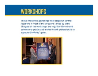 These	interac%ve	gatherings	were	staged	at	central	
loca%ons	in	most	of	the	10	towns	served	by	STEP.		
The	goal	of	the	workshops	are	to	gather	like-minded	
community	groups	and	mental	health	professionals	to	
support	MindMap's	goals.	
WORKSHOPS
 
