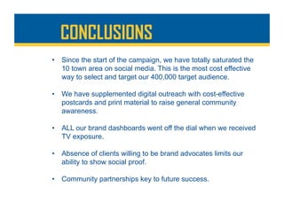 CONCLUSIONS
•  Since the start of the campaign, we have totally saturated the
10 town area on social media. This is the most cost effective
way to select and target our 400,000 target audience.
•  We have supplemented digital outreach with cost-effective
postcards and print material to raise general community
awareness.
•  ALL our brand dashboards went off the dial when we received
TV exposure.
•  Absence of clients willing to be brand advocates limits our
ability to show social proof.
•  Community partnerships key to future success.
 
