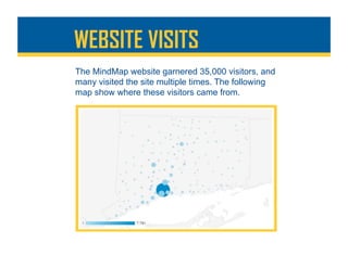 WEBSITE VISITS
The MindMap website garnered 35,000 visitors, and
many visited the site multiple times. The following
map show where these visitors came from.
 