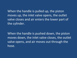 When the handle is pulled up, the piston moves up, the inlet valve opens, the outlet valve closes and air enters the lower part of the cylinder. When the handle is pushed down, the piston moves down, the inlet valve closes, the outlet valve opens, and air moves out through the hose. 