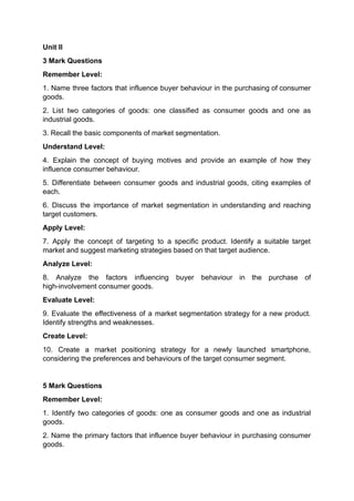Marketing Management Question Bank in Bloom's Taxanomy level | PDF