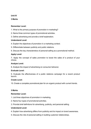 Marketing Management Question Bank in Bloom's Taxanomy level | PDF