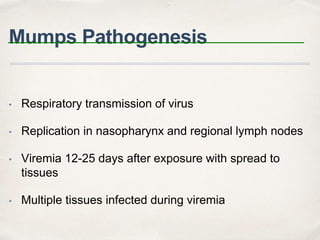 Mumps Pathogenesis 
• Respiratory transmission of virus 
• Replication in nasopharynx and regional lymph nodes 
• Viremia 12-25 days after exposure with spread to 
tissues 
• Multiple tissues infected during viremia 
 