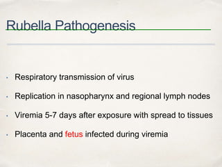Rubella Pathogenesis 
• Respiratory transmission of virus 
• Replication in nasopharynx and regional lymph nodes 
• Viremia 5-7 days after exposure with spread to tissues 
• Placenta and fetus infected during viremia 
 