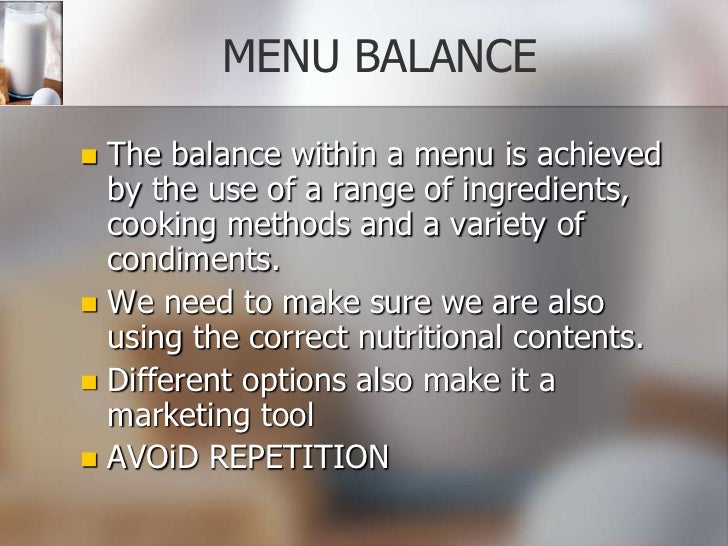 Menu balance and presentation photos