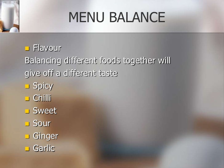 Menu balance and presentation photos