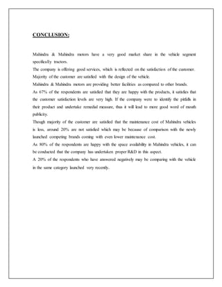 CONCLUSION:
Mahindra & Mahindra motors have a very good market share in the vehicle segment
specifically tractors.
The company is offering good services, which is reflected on the satisfaction of the customer.
Majority of the customer are satisfied with the design of the vehicle.
Mahindra & Mahindra motors are providing better facilities as compared to other brands.
As 67% of the respondents are satisfied that they are happy with the products, it satisfies that
the customer satisfaction levels are very high. If the company were to identify the pitfalls in
their product and undertake remedial measure, thus it will lead to more good word of mouth
publicity.
Though majority of the customer are satisfied that the maintenance cost of Mahindra vehicles
is less, around 20% are not satisfied which may be because of comparison with the newly
launched competing brands coming with even lower maintenance cost.
As 80% of the respondents are happy with the space availability in Mahindra vehicles, it can
be conducted that the company has undertaken proper R&D in this aspect.
A 20% of the respondents who have answered negatively may be comparing with the vehicle
in the same category launched very recently.
 