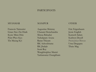 MYANMAR
Francois Tainturier
Grace Swe Zin Htaik
Kyaw Minn Htin
Pyiet Phyo Kyaw
Tin Maung Kyi
MANIPUR
Augustine Shimray
Chanam Hemchandra
Doren Oinam
Mutua Bahadur
Nahakpam Aruna
Ratan Thiyam
RK Achoubisana
RK Jhalajit
Somi Roy
Wangkheiphee Mantri
Yashawanta Chungkham
OTHER
Eric Feigenbaum
Jessie English
Kamesh Salam
Kathryn Deyell
Uma Dasgupta
Thaiu Mag
PRESENTERS
 