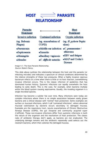 Image 4.1: The Host-Parasite Relationship.
Source: Robert Clancy.

This slide above outlines the relationship between the host and the parasite (or
infecting microbe) and indicates a spectrum of clinical conditions determined by
the relative strengths of these two pressures. When a highly invasive vigorous
bacterium infects at a time when there is little or no host reaction, overwhelming
invasive infection occurs. This is the classic infection of epidemics that has
dominated human history. Systemic infections can rapidly overwhelm the host
leading to early death. This is the case, for example, when bacteria multiply
within the blood system causing septicaemia. Usually, the invading organism is a
single microbial species.
Infection has become a subtler foe over time. Many infections seen today are
complex infections where there is no simple association between easily grown
bacteria and a clinical disease with ‘normal’ host protection. Some examples are
surface or mucosal infections, which I call ‘contained infections’, where abnormal
mucosal colonisation by bacteria occurs secondary to damaged mucosa.
Examples are the respiratory tract, (acute exacerbations of Chronic Obstructive
Airways Disease (COPD), the gut (hospital and community acquired super
C.difficile). These non-invasive infections differ from systemic infections in both
the nature of the organism and the mechanism of host protection. The classic
rules of antibiotic therapy don’t apply, as bacteria are not eradicated. The
underlying damage remains and the antibiotic repeatedly used selects out the
resistant bacteria, which then colonise the damaged mucosa.

	
  

40	
  

 