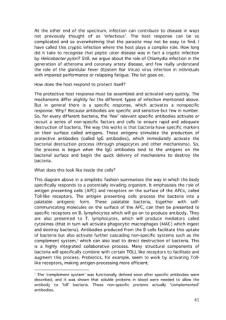 At the other end of the spectrum, infection can contribute to disease in ways
not previously thought of as ‘infectious’. The host response can be so
complicated and so overwhelming that the parasite may not be easy to find. I
have called this cryptic infection where the host plays a complex role. How long
did it take to recognise that peptic ulcer disease was in fact a cryptic infection
by Helicobacter pylori? Still, we argue about the role of Chlamydia infection in the
generation of atheroma and coronary artery disease, and few really understand
the role of the glandular fever (Epstein Bar Virus) virus infection in individuals
with impaired performance or relapsing fatigue. The list goes on.
How does the host respond to protect itself?
The protective host response must be assembled and activated very quickly. The
mechanisms differ slightly for the different types of infection mentioned above.
But in general there is a specific response, which activates a nonspecific
response. Why? Because antibodies are specific and sensitive but few in number.
So, for every different bacteria, the ‘few’ relevant specific antibodies activate or
recruit a series of non-specific factors and cells to ensure rapid and adequate
destruction of bacteria. The way this works is that bacteria have specific markers
on their surface called antigens. These antigens stimulate the production of
protective antibodies (called IgG antibodies), which immediately activate the
bacterial destruction process (through phagocytes and other mechanisms). So,
the process is begun when the IgG antibodies bind to the antigens on the
bacterial surface and begin the quick delivery of mechanisms to destroy the
bacteria.
What does this look like inside the cells?
This diagram above in a simplistic fashion summarises the way in which the body
specifically responds to a potentially invading organism. It emphasises the role of
antigen presenting cells (APC) and receptors on the surface of the APCs, called
Toll-like receptors. The antigen presenting cells process the bacteria into a
palatable antigenic form. These palatable bacteria, together with selfcommunicating molecules on the surface of the APC, can then be presented to
specific receptors on B. lymphocytes which will go on to produce antibody. They
are also presented to T. lymphocytes, which will produce mediators called
cytokines (that in turn will activate phagocytic macrophages (MAC) which ingest
and destroy bacteria). Antibodies produced from the B cells facilitate this uptake
of bacteria but also activate further cascading non-specific systems such as the
complement system,1 which can also lead to direct destruction of bacteria. This
is a highly integrated collaborative process. Many structural components of
bacteria will specifically combine with certain TOLL like receptors to facilitate and
augment this process. Probiotics, for example, seem to work by activating Tolllike receptors, making antigen-processing more efficient.

	
  	
  	
  	
  	
  	
  	
  	
  	
  	
  	
  	
  	
  	
  	
  	
  	
  	
  	
  	
  	
  	
  	
  	
  	
  	
  	
  	
  	
  	
  	
  	
  	
  	
  	
  	
  	
  	
  	
  	
  	
  	
  	
  	
  	
  	
  	
  	
  	
  	
  	
  	
  	
  	
  	
  	
  
The ‘complement system’ was functionally defined soon after specific antibodies were
described, and it was shown that soluble proteins in blood were needed to allow the
antibody to ‘kill’ bacteria. These non-specific proteins actually ‘complemented’
antibodies.
1

	
  

41	
  

 