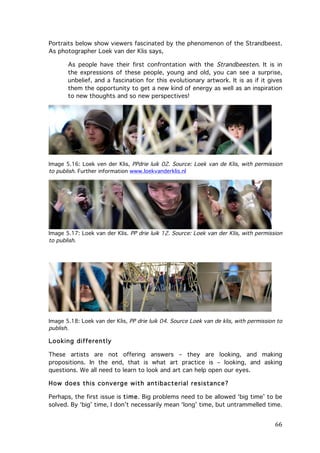 Portraits below show viewers fascinated by the phenomenon of the Strandbeest.
As photographer Loek van der Klis says,
As people have their first confrontation with the Strandbeesten. It is in
the expressions of these people, young and old, you can see a surprise,
unbelief, and a fascination for this evolutionary artwork. It is as if it gives
them the opportunity to get a new kind of energy as well as an inspiration
to new thoughts and so new perspectives!

Image 5.16: Loek ven der Klis, PPdrie luik 02. Source: Loek van de Klis, with permission
to publish. Further information www.loekvanderklis.nl

Image 5.17: Loek van der Klis. PP drie luik 12. Source: Loek van der Klis, with permission
to publish.

Image 5.18: Loek van der Klis, PP drie luik 04. Source Loek van de klis, with permission to
publish.

Looking differently
These artists are not offering answers – they are looking, and making
propositions. In the end, that is what art practice is – looking, and asking
questions. We all need to learn to look and art can help open our eyes.
How does this converge w ith antibacterial resistance?
Perhaps, the first issue is tim e. Big problems need to be allowed ‘big time’ to be
solved. By ‘big’ time, I don’t necessarily mean ‘long’ time, but untrammelled time.

	
  

66	
  

 