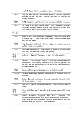 people & shows that the parasite replicates in the host.
1890

Emil von Behring and Shibasaburo Kitasato discover diphtheria
antitoxin serum, the first rational approach to therapy for
infectious disease.

1891

Paul Ehrlich proposes that antibodies are responsible for immunity.

1892

The field of virology begins when Dmitri Ivanowski discovers
exquisitely small pathogenic agents, later known as viruses, while
searching for the cause of tobacco mosaic disease.

1900s
1900

Based on work by Walter Reed, researchers show that yellow fever
is caused by a virus from mosquitoes; mosquito-eradication
programs are begun.

1905

Fritz Schaudinn and Erich Hoffmann discover bacterial cause of
syphilis—Treponema pallidum.

1911

Francis Rous reports on a viral etiology of a cancer (Rous sarcoma
virus, a rotavirus to which family HIV belongs).

19181919

Epidemic of “Spanish” flu causes at least 25 million deaths.

1928

Frederick Griffith discovers genetic transformation phenomenon in
pneumococci, and thereby a foundation of molecular genetics and
the hunt for the transforming factor that turns a harmless strain
into a pathogenic one.

1929

Alexander Fleming reports discovering penicillin in mould.

1930s

Electron microscopy enables visualization of internal microbial
anatomy.

1935

Gerhard Domagk synthesizes the antimetabolite Prontosil, which
kills Streptococcus in mice.

1937

Ernst Ruska uses an electron microscope to obtain first pictures of
a virus.

19301940
1941

	
  

Florey and Chain purify penicillin and conduct successful clinical
trials.
Selman
Waksman
suggests
the
word
“antibiotic”
for
compounds/preparations that have antimicrobial properties; 2
years later, he and colleagues discover streptomycin, the first
antibiotic effective against TB, in a soil fungus.

8	
  

 