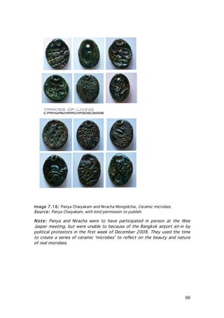 Image 7.16: Panya Chaiyakam and Niracha Mongolchai, Ceramic microbes.
Source: Panya Chaiyakam, with kind permission to publish.

Note: Panya and Niracha were to have participated in person at the Wee
Jasper meeting, but were unable to because of the Bangkok airport sit-in by
political protestors in the first week of December 2008. They used the time
to create a series of ceramic ‘microbes’ to reflect on the beauty and nature
of real microbes.

	
  

88	
  

 