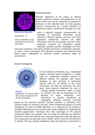 Com m unication
Efficient adaptation of the colony to adverse
growth conditions requires self-organization on all
levels--which can only be achieved via cooperative
behaviour of the individual cells. For that purpose,
bacteria communicate by a broad repertoire of
biochemical agents. Biochemical messages are also
Electryfire Bacteria

used in bacterial linguistic communication for
exchange of meaningful information across
Image EBJ2: ‘-2-‘
colonies of different species, and even with other
organisms. Collectively, bacteria can glean
Source: Eshel Ben Jacob,
reproduced with his kind
information from the environment and from other
permission.
organisms, interpret the information (assign
meaning), develop common knowledge and learn
from past experience. The colony behaves much like a multicellular organism,
or even a social community, with elevated complexity and plasticity that
afford better adaptability to whatever growth conditions might be
encountered.

Social Intelligence

In multi-colonial communities (e.g., sub-gingival
plaque), bacterial social intelligence is usually
used for cooperation between colonies of
different species. For example, each colony
develops its own expertise in performing
specific tasks for the benefit of the entire
community, and they all coordinate the work
done. Some bacteria undertake the task of
keeping valuable information, which is costly
Giardia
to maintain and may be hazardous for the
Image EBJ3: ‘H’ Source: Eshel
bacteria
to
store.
Frequently,
such
Ben Jacob, reproduced with
information
is
directly
transferred
by
his kind permission.
conjugation following chemical courtship
played by the potential partners: bacteria resistant to antibiotics emit
chemical signals to announce this fact. Some fundamental aspects of social
intelligence are used to handle defectors, as is reflected by the variety of
strategies Myxobacteria can use when their social intelligence is challenged by
cheaters--opportunistic individuals who take advantage of the group's
cooperative effort. For example, they can single out defectors by collective
alteration of their own identity into a new gene expression state. By doing so,
the co-operators can generate a new "dialect" which is hard for the defectors
to imitate. This ever ongoing intelligence clash with defectors is beneficial to

	
  

94	
  

 