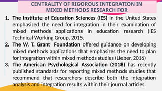 CENTRALITY OF RIGOROUS INTEGRATION IN
MIXED METHODS RESEARCH FOR
1. The Institute of Education Sciences (IES) in the United States
emphasized the need for integration in their examination of
mixed methods applications in education research (IES
Technical Working Group, 2015.
2. The W. T. Grant Foundation offered guidance on developing
mixed methods applications that emphasizes the need to plan
for integration within mixed methods studies (Lieber, 2016)
3. The American Psychological Association (2018) has recently
published standards for reporting mixed methods studies that
recommend that researchers describe both the integration
analysis and integration results within their journal articles.
 
