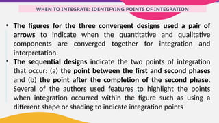 WHEN TO INTEGRATE: IDENTIFYING POINTS OF INTEGRATION
• The figures for the three convergent designs used a pair of
arrows to indicate when the quantitative and qualitative
components are converged together for integration and
interpretation.
• The sequential designs indicate the two points of integration
that occur: (a) the point between the first and second phases
and (b) the point after the completion of the second phase.
Several of the authors used features to highlight the points
when integration occurred within the figure such as using a
different shape or shading to indicate integration points
 