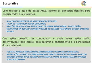 11
Busca ativa
• A FALTA DE PERSPECTIVA DA NECESSIDADE DE ESTUDOS;
• FALTA DE TECNOLOGIA DE BOA QUALIDADE;
• AS AÇÕES DE BUSCA ATIVA TEM SE DADO DE FORMA SATISFATÓRIA. TODOS ESTÃO
ENVOLVIDOS NA BUSCA DE ALUNOS ATRAVÉS DE LIGAÇÕES TELEFÔNICAS E BUSCA EM REDES
SOCIAIS.
Com relação a ação de Busca Ativa, aponte os principais desafios para
engajar todos os estudantes:
• TODAS AS AÇÕES JÁ IMPLANTADAS ANTERIORMENTE DEVEM SER CONTINUADAS;
• NOVAS AÇÕES – ENVIO DE CORRESPONDENCIA PARA OS PAIS DESTES ALUNOS E AVISO EM
DIVERSOS OUTROS TIPOS DE MÍDIA; POR EXEMPLO: FAIXAS INFORMATIVAS EM DIVERSOS
PONTOS DO BAIRRO.
Que ações deverão ser continuadas e quais novas ações serão
desenvolvidas, pela escola, para garantir o engajamento e a participação
dos estudantes?
 