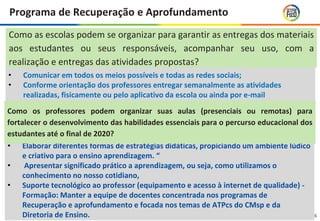 16
Programa de Recuperação e Aprofundamento
• Comunicar em todos os meios possíveis e todas as redes sociais;
• Conforme orientação dos professores entregar semanalmente as atividades
realizadas, fisicamente ou pelo aplicativo da escola ou ainda por e-mail
Como as escolas podem se organizar para garantir as entregas dos materiais
aos estudantes ou seus responsáveis, acompanhar seu uso, com a
realização e entregas das atividades propostas?
• Elaborar diferentes formas de estratégias didáticas, propiciando um ambiente lúdico
e criativo para o ensino aprendizagem. “
• Apresentar significado prático a aprendizagem, ou seja, como utilizamos o
conhecimento no nosso cotidiano,
• Suporte tecnológico ao professor (equipamento e acesso à internet de qualidade) -
Formação: Manter a equipe de docentes concentrada nos programas de
Recuperação e aprofundamento e focada nos temas de ATPcs do CMsp e da
Diretoria de Ensino.
Como os professores podem organizar suas aulas (presenciais ou remotas) para
fortalecer o desenvolvimento das habilidades essenciais para o percurso educacional dos
estudantes até o final de 2020?
 