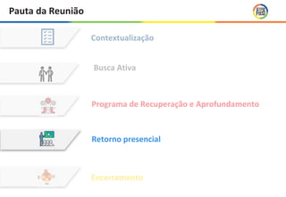 Pauta da Reunião
Contextualização
Encerramento
Retorno presencial
Programa de Recuperação e Aprofundamento
Busca Ativa
 