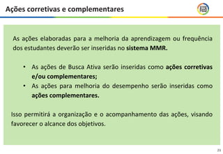 23
As ações elaboradas para a melhoria da aprendizagem ou frequência
dos estudantes deverão ser inseridas no sistema MMR.
• As ações de Busca Ativa serão inseridas como ações corretivas
e/ou complementares;
• As ações para melhoria do desempenho serão inseridas como
ações complementares.
Isso permitirá a organização e o acompanhamento das ações, visando
favorecer o alcance dos objetivos.
Ações corretivas e complementares
 