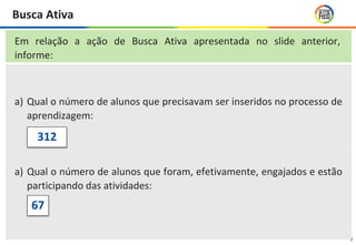 9
a) Qual o número de alunos que precisavam ser inseridos no processo de
aprendizagem:
a) Qual o número de alunos que foram, efetivamente, engajados e estão
participando das atividades:
Em relação a ação de Busca Ativa apresentada no slide anterior,
informe:
312
67
Busca Ativa
 