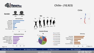GLOBAL NETWORK l 80+Global Partners l 16 Regions Cover l 40+ Industries
Chile– (18,923)
Gender
31%69%
www.market-mirror.com
Age
9% 12% 6%
55-64 65+
25-34 35-44 45-54
15-24
25% 29% 19%
Income Group
Figs in % Figs in %
Chile
 