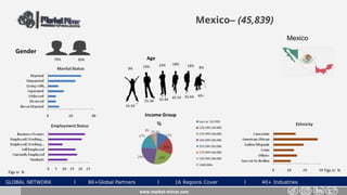 GLOBAL NETWORK l 80+Global Partners l 16 Regions Cover l 40+ Industries
Mexico– (45,839)
Gender
30%70%
www.market-mirror.com
Age
9% 23% 8%
55-64 65+
25-34 35-44 45-54
15-24
23% 18% 19%
Income Group
Figs in % Figs in %
Mexico
 