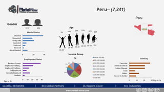 GLOBAL NETWORK l 80+Global Partners l 16 Regions Cover l 40+ Industries
Peru– (7,341)
Gender
39%61%
www.market-mirror.com
Age
7% 19% 11%
55-64 65+
25-34 35-44 45-54
15-24
24% 23% 16%
Income Group
Figs in % Figs in %
Peru
 