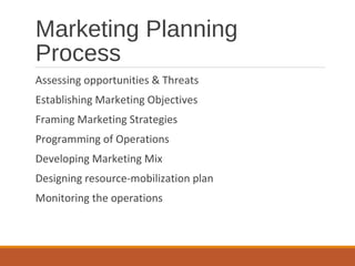 Marketing Planning
Process
Assessing opportunities & Threats
Establishing Marketing Objectives
Framing Marketing Strategies
Programming of Operations
Developing Marketing Mix
Designing resource-mobilization plan
Monitoring the operations
 
