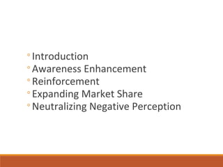 Promotional Objective
◦Introduction
◦Awareness Enhancement
◦Reinforcement
◦Expanding Market Share
◦Neutralizing Negative Perception
 
