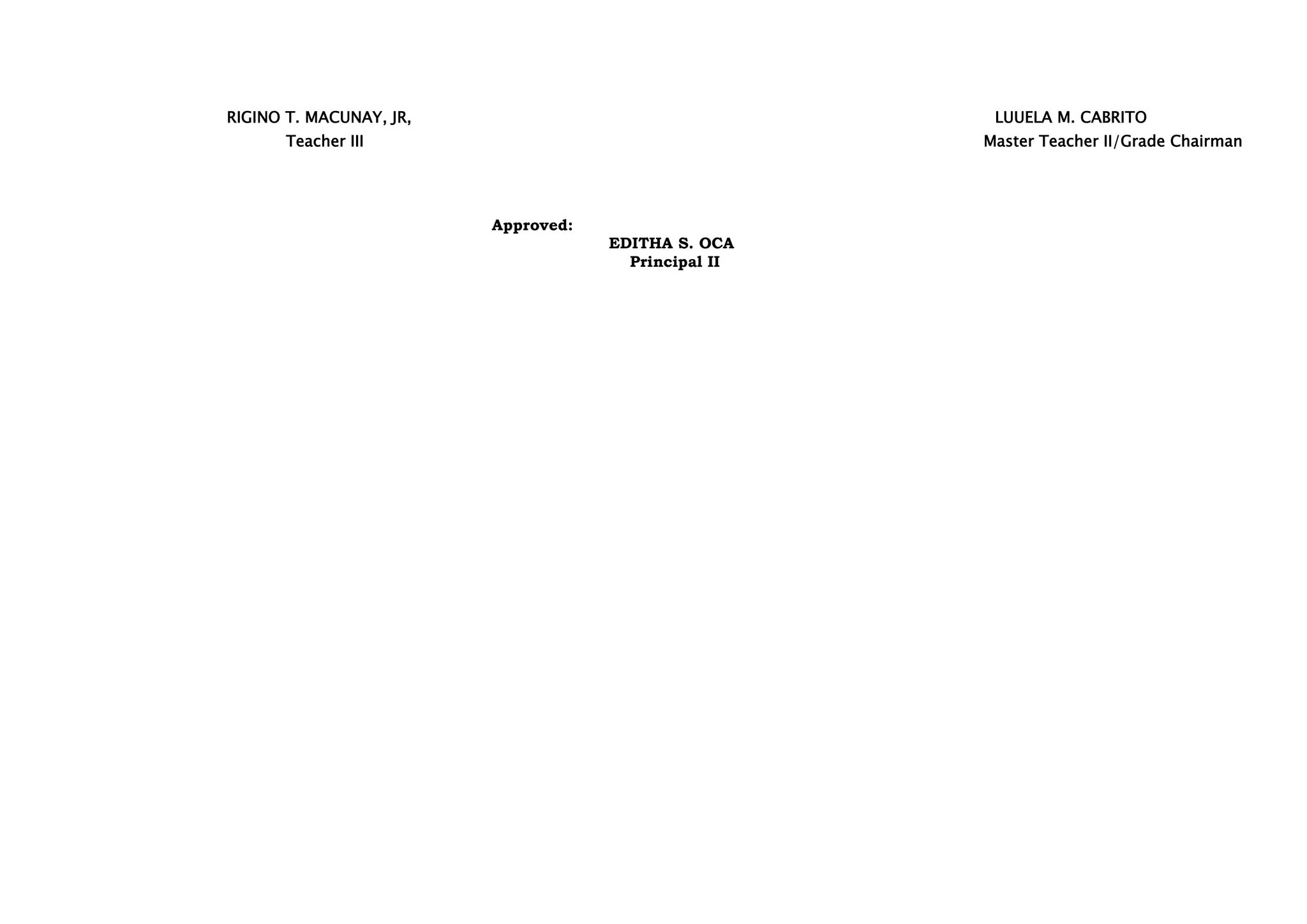RIGINO T. MACUNAY, JR, LUUELA M. CABRITO
Teacher III Master Teacher II/Grade Chairman
Approved:
EDITHA S. OCA
Principal II
 