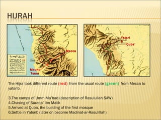 The Hijra took different route  (red)  from the usual route  (green)  from Mecca to yatsrib. The camps of Umm Ma’bad (description of Rasulullah SAW) Chasing of Suraqa’ ibn Malik Arrived at Quba, the building of the first mosque Settle in Yatsrib (later on become Madinat-ar-Rasulillah) Mecca Mount Tsaur Quba’ Yatsrib 