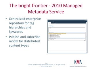 The bright frontier - 2010 Managed Metadata ServiceCentralized enterprise repository for tag hierarchies and keywordsPublish and subscribe model for distributed content types