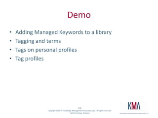 DemoAdding Managed Keywords to a libraryTagging and termsTags on personal profilesTag profiles