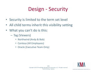 Design - SecuritySecurity is limited to the term set level All child terms inherit this visibility settingWhat you can’t do is this:Tag (Viewers)Northwind (Andy & Bob)Contoso (All Employees)Oracle (Executive Team Only)