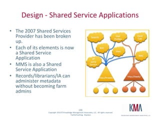 Design - Shared Service ApplicationsThe 2007 Shared Services Provider has been broken up.  Each of its elements is now a Shared Service ApplicationMMS is also a Shared Service ApplicationRecords/librarians/IA can administer metadata without becoming farm admins