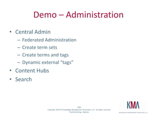 Demo – AdministrationCentral AdminFederated AdministrationCreate term setsCreate terms and tagsDynamic external “tags”Content HubsSearch