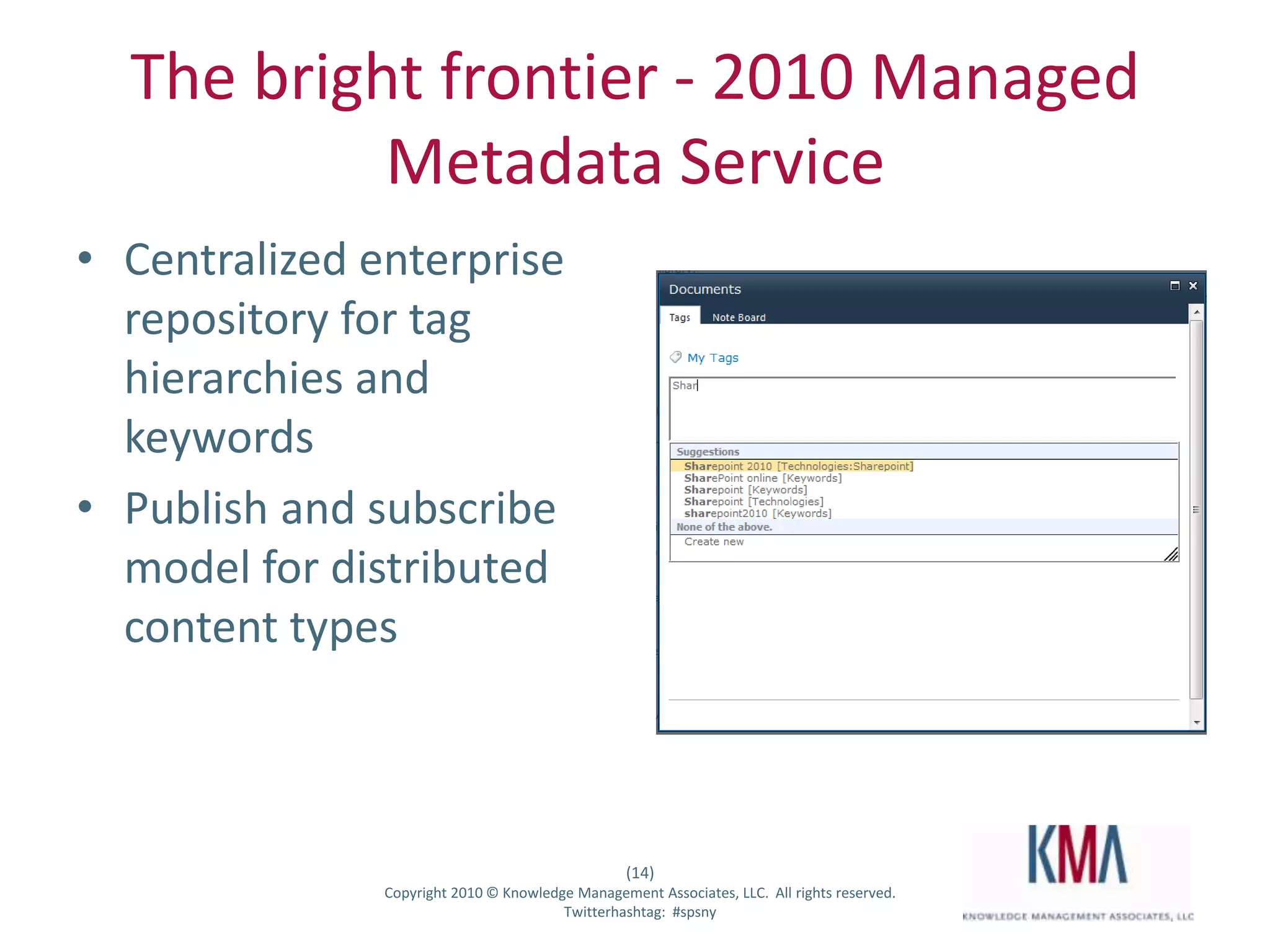 History2001: original release of SharePoint 2003: expansion of libraries, custom columns2007: site columns, business data catalog and content types become widespread; adoption rate leads to explosive growth of SharePoint contentMay 2010: release of SharePoint 2010 with Managed Metadata Service