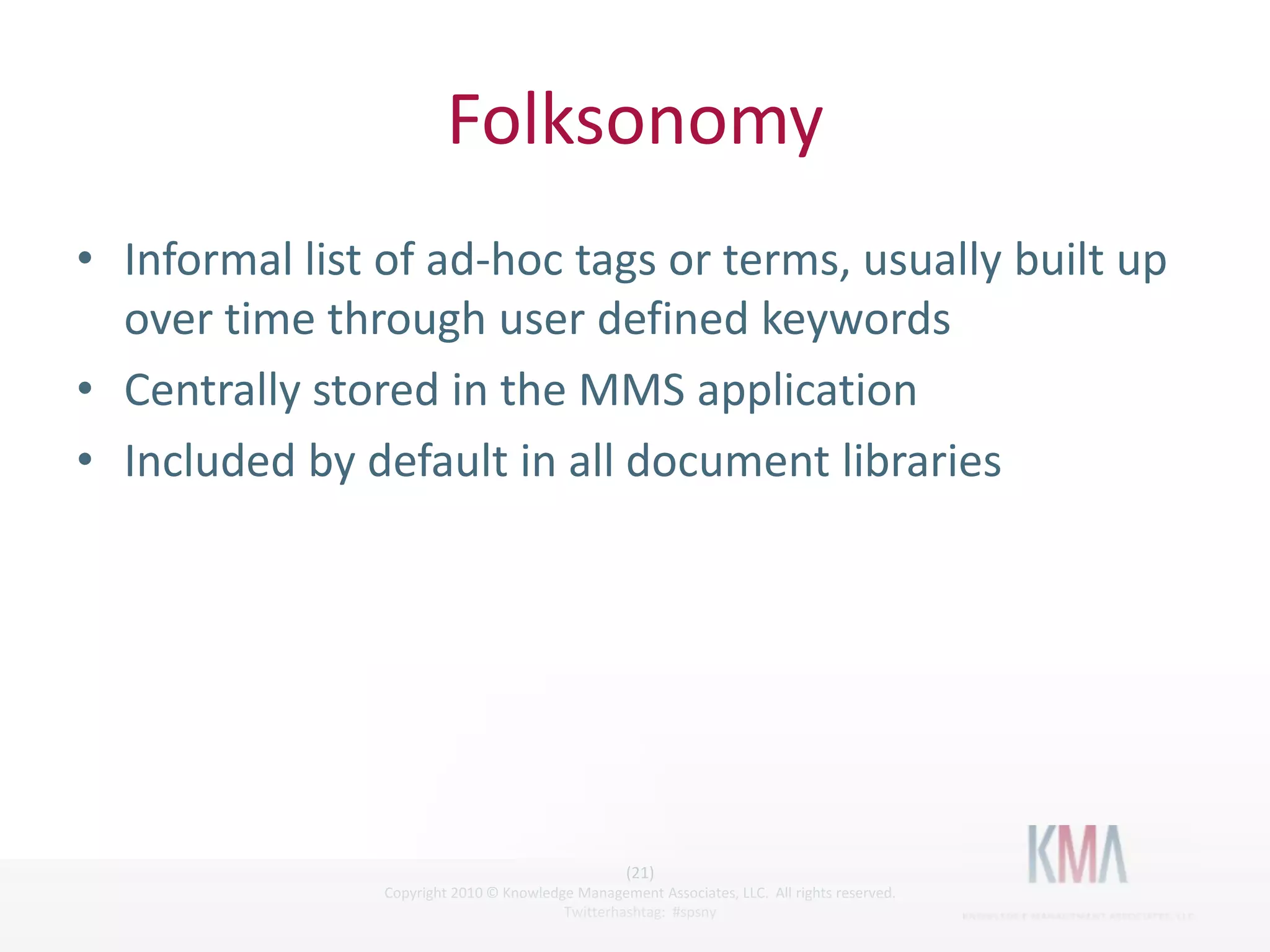 IA SolutionsUse MMS to centrally define product tags to be shared across multiple sites and librariesCreate centralized document repositories (Document Center)Define a term store for all departmentsManaged Metadata field in Document Center for DepartmentContent Type Organizer rule to move new documents tagged as “Departments:Marketing” to a Marketing folder in the Doc CenterAdd a new “Departments” Managed Metadata field to Content Types in our collaboration sites and Document Center, and set default to “Departments:Marketing”