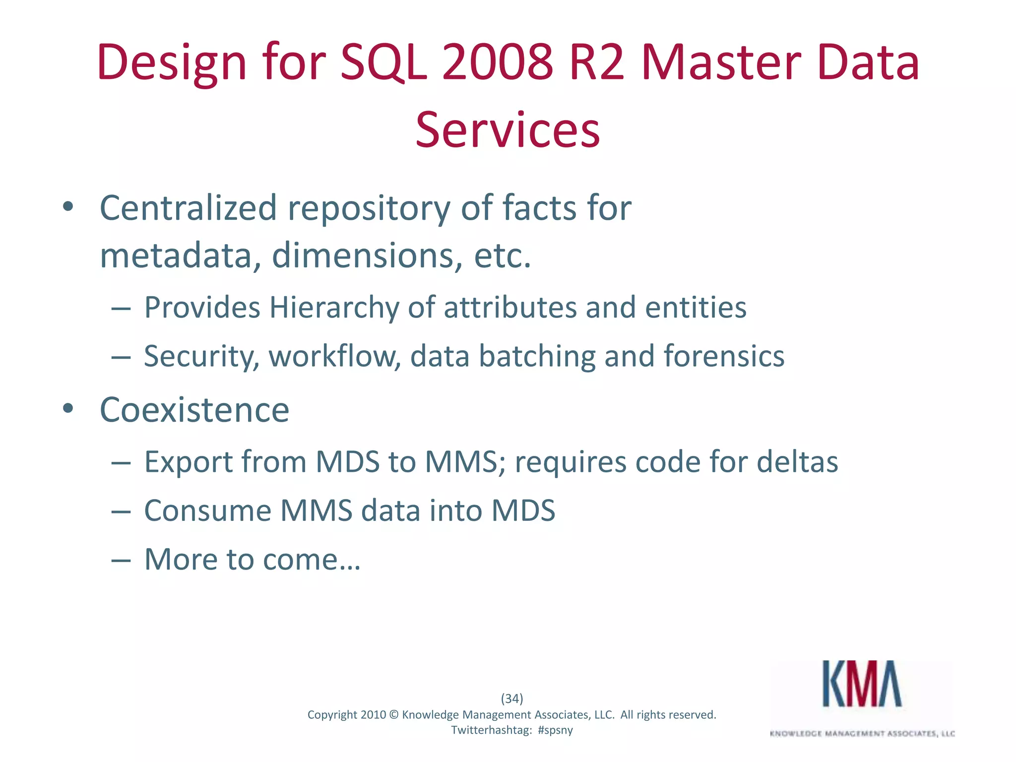 Design – Content TypesUse Document ID function uniformly among hub and subscribers – otherwise content types aren't publishedCheck logs for content publishing if you have questionsRepublish and use options & timer jobs to “force” updatesSite columns, especially choice lists, can behave unexpectedly.    Column definitions and lookup values will be copied to each separate site collectionLookup values can be locally edited and changed.  They reset to master values the next time the content type is published.  Changes to Content Organizer, Records Management and Retention Policy reduce the need for more content types